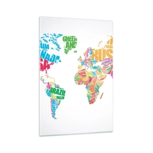 Cuadro sobre vidrio - Impresiones sobre Vidrio - Mapa del mundo colorido con nombres de países - 70x100cm - Quiero conocerlos a todos - Decoración de pared moderna para salón y dormitorio ARTTOR