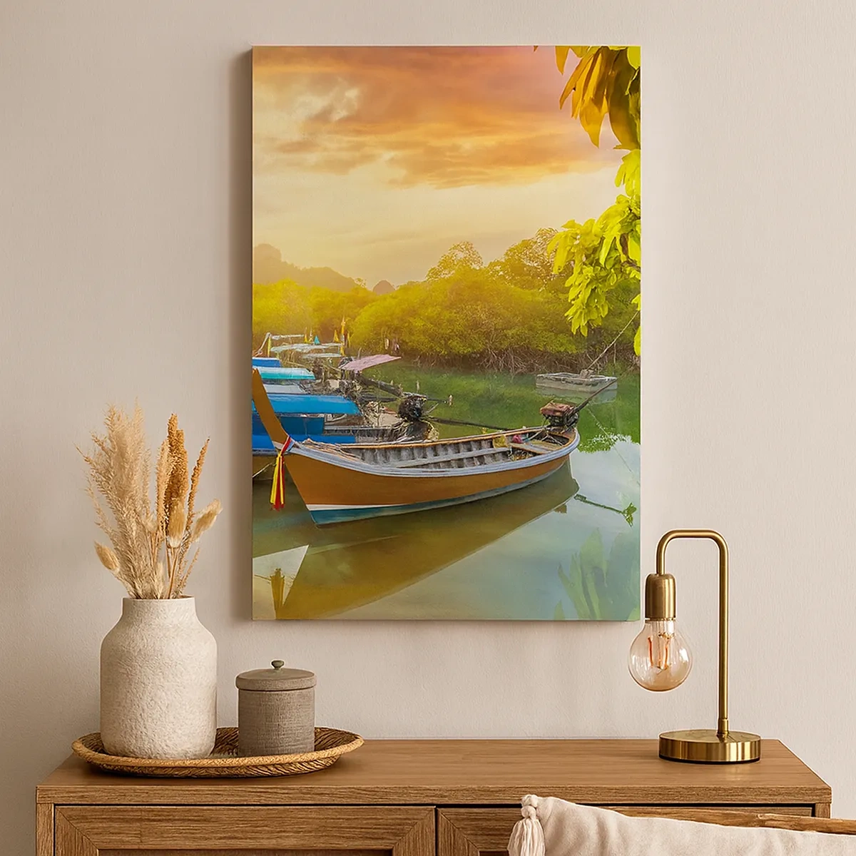 Cuadro sobre lienzo - Impresión de Imagen - Barcos tradicionales en aguas tranquilas al atardecer - 50x70cm - Antes de un día ajetreado - Decoración de pared moderna para salón y dormitorio ARTTOR