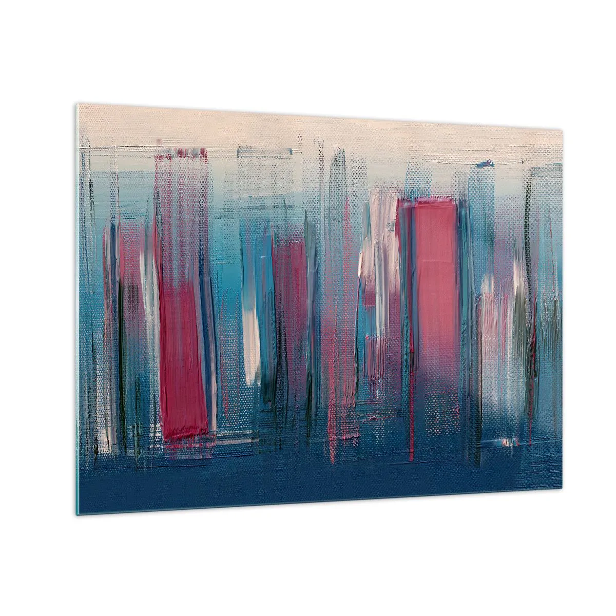 Cuadro sobre vidrio - Impresiones sobre Vidrio - Pinceladas verticales en rojo y azul sobre fondo beige - 70x50cm - Composición vertical en azul y rojo - Decoración de pared moderna para salón y dormitorio ARTTOR