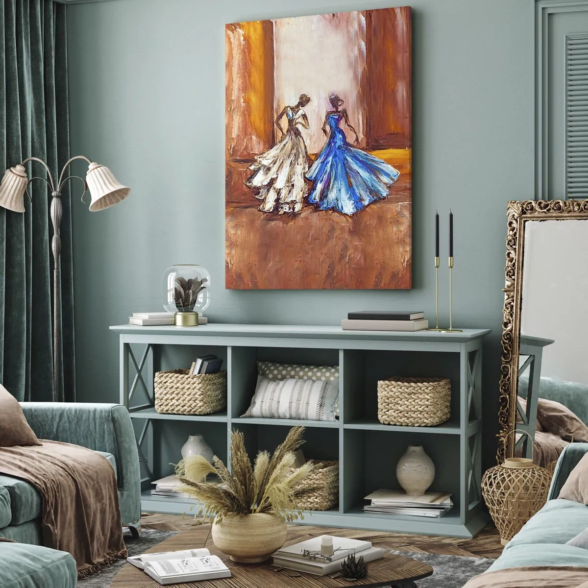 Cuadro sobre lienzo - Impresión de Imagen - Personajes en vestidos de noche de estilo artístico. - 80x120cm - Un elegante dúo - Decoración de pared moderna para salón y dormitorio ARTTOR