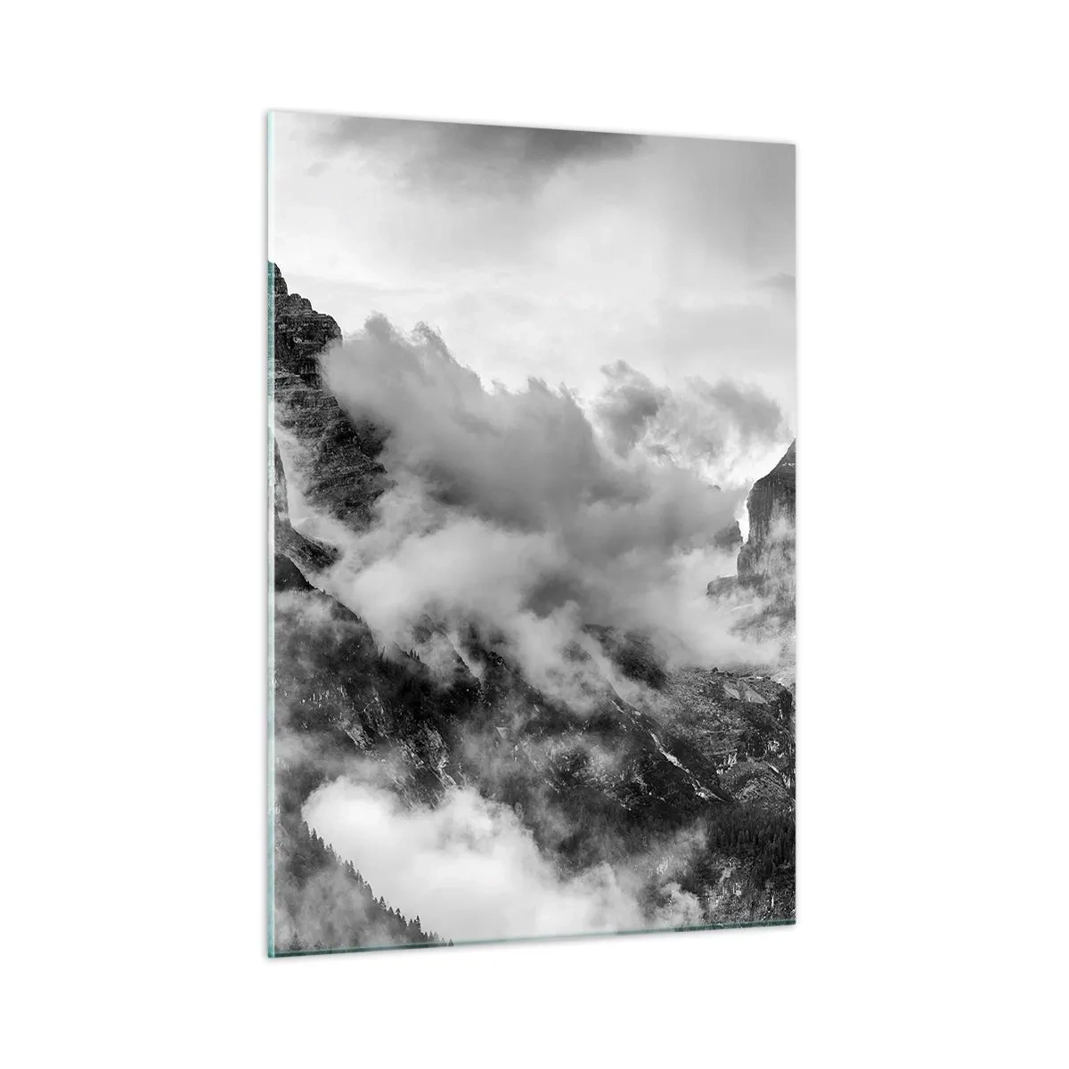 Cuadro sobre vidrio - Impresiones sobre Vidrio - Montañas en blanco y negro con niebla en los valles. - 50x70cm - Hermoso y cruel - Decoración de pared moderna para salón y dormitorio ARTTOR