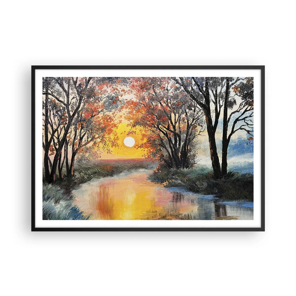 Póster en marco negro - Puesta de sol sobre el río en un paisaje otoñal - 100x70cm - Ambiente otoñal - Decoración de pared moderna para salón y dormitorio ARTTOR