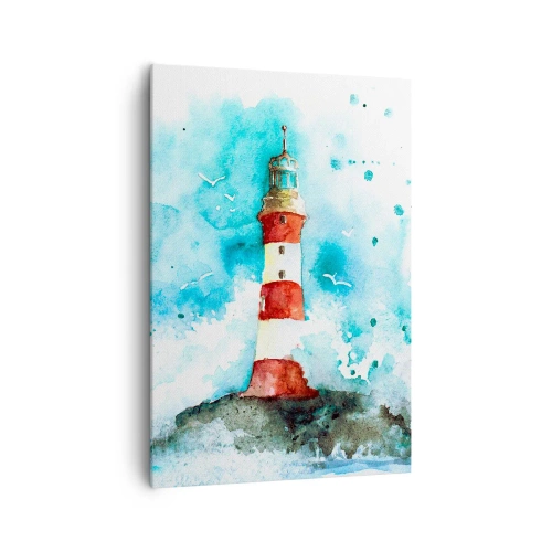 Cuadro sobre lienzo - Impresión de Imagen - Un faro en un entorno de acuarela con un fondo azul. - 70x100cm - La unidad de los elementos - Decoración de pared moderna para salón y dormitorio ARTTOR