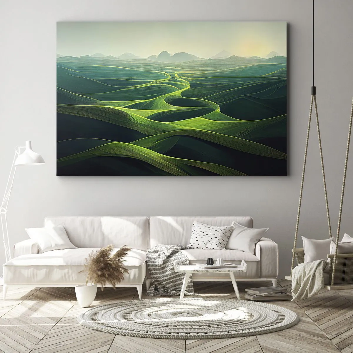 Cuadro sobre lienzo - Impresión de Imagen - Colinas verdes con senderos ondulados - 70x50cm - Valles en tonos verdes - Decoración de pared moderna para salón y dormitorio ARTTOR