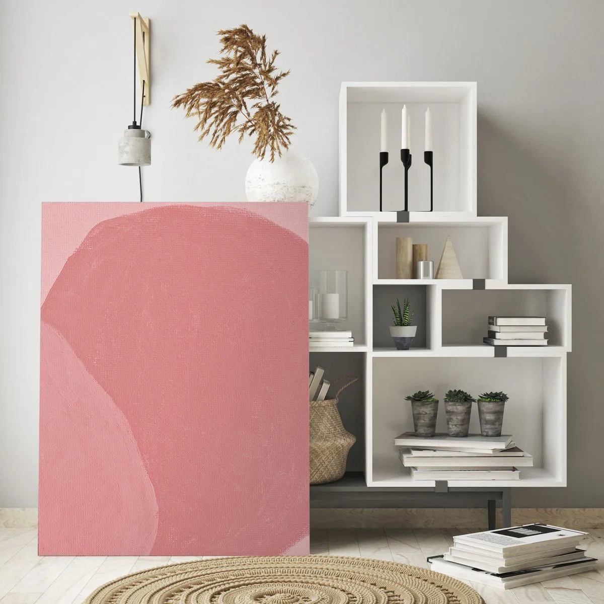 Cuadro sobre vidrio - Impresiones sobre Vidrio - Abstracción delicada en tonos rosa, formas orgánicas y minimalismo. - 80x120cm - Composición orgánica en rosa - Decoración de pared moderna para salón y dormitorio ARTTOR