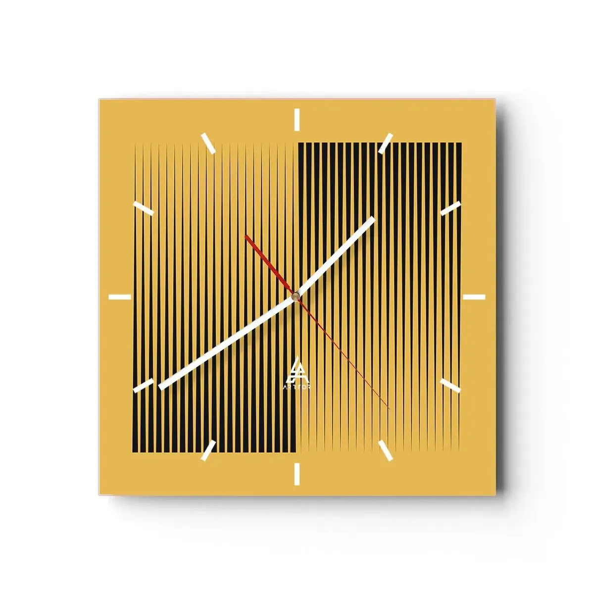 Reloj de pared - Reloj de vidrio - Líneas negras verticales sobre un fondo amarillo - 30x30cm - Cuadrado de opuestos - Decoración de pared moderna para salón y dormitorio ARTTOR