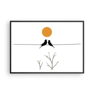 Póster en marco negro - Pájaros en una línea con un sol amarillo. - 100x70cm - Noche de ruiseñores - Decoración de pared moderna para salón y dormitorio ARTTOR