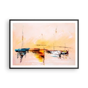 Póster en marco negro - Barcos coloridos en aguas tranquilas al atardecer - 100x70cm - Atardecer en el puerto deportivo - Decoración de pared moderna para salón y dormitorio ARTTOR