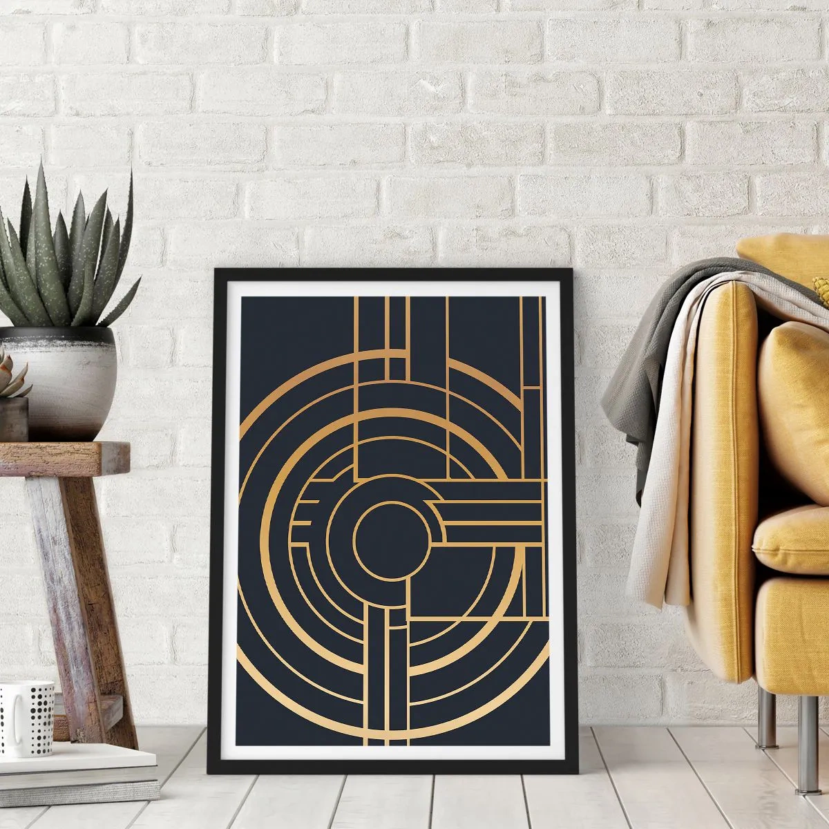 Póster en marco negro - Patrón geométrico Art Déco con elementos dorados sobre un fondo oscuro - 50x70cm - Giro de los elementos - Decoración de pared moderna para salón y dormitorio ARTTOR