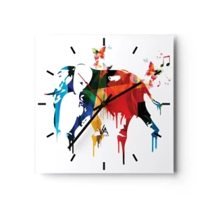 Reloj de pared - Reloj de vidrio - Elefante colorido con mariposas en un estilo geométrico moderno. - 30x30cm - Todo el mundo puede bailar - Decoración de pared moderna para salón y dormitorio ARTTOR