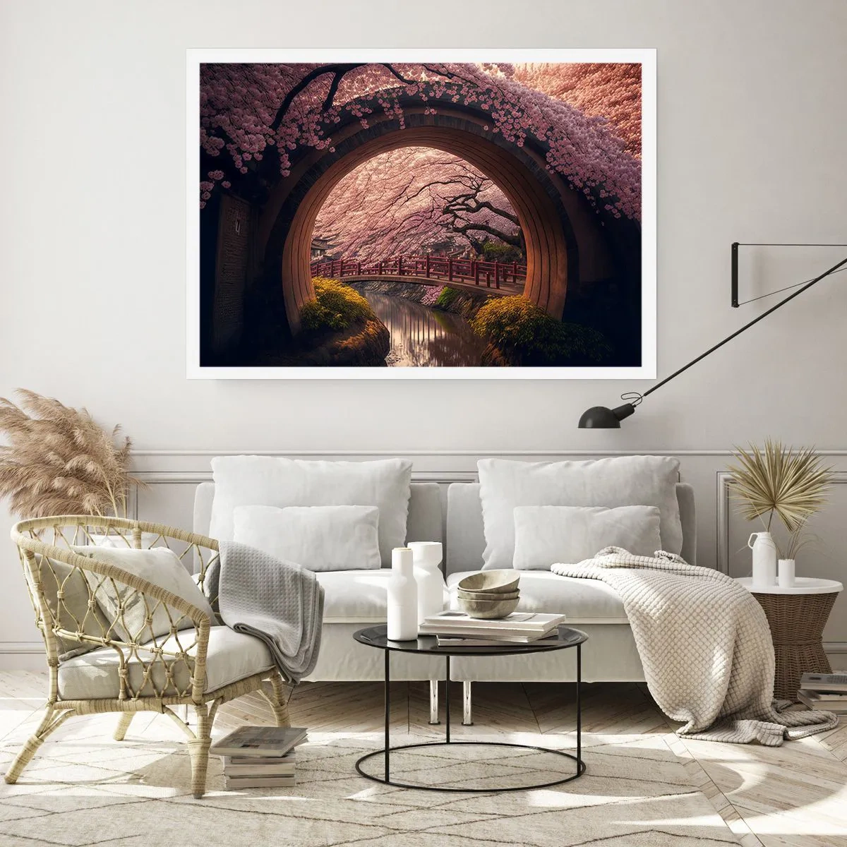 Póster - Un puente tradicional japonés rodeado de flores de cerezo. - 100x70cm - Primavera japonesa - Decoración de pared moderna para salón y dormitorio ARTTOR