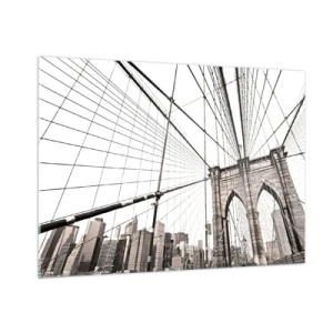 Cuadro sobre vidrio - Impresiones sobre Vidrio - Un puente colgante con un panorama de la ciudad al fondo en sepia. - 100x70cm - Catedral de Nueva York - Decoración de pared moderna para salón y dormitorio ARTTOR