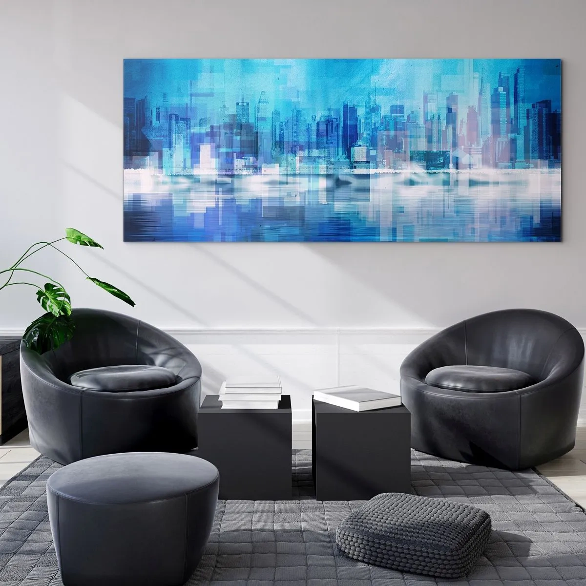 Cuadro sobre vidrio - Impresiones sobre Vidrio - Panorama abstracto de la ciudad en tonos azules - 140x50cm - La urbe azul - Decoración de pared moderna para salón y dormitorio ARTTOR