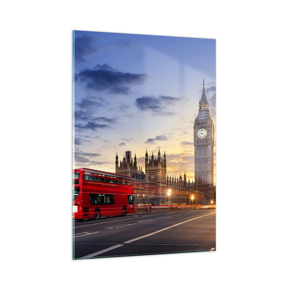 Cuadro sobre vidrio - Impresiones sobre Vidrio - El Big Ben y el autobús rojo en Londres al atardecer - 50x70cm - Lo más característico - Decoración de pared moderna para salón y dormitorio ARTTOR