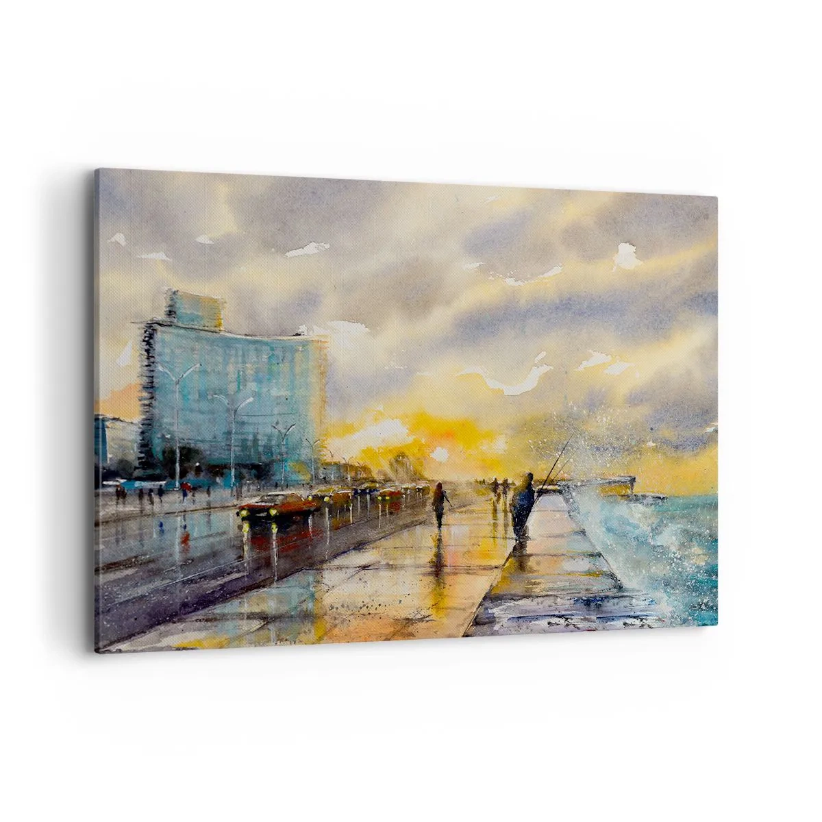 Cuadro sobre lienzo - Impresión de Imagen - Una vista pintoresca del paseo marítimo al atardecer. - 120x80cm - Vida en la orilla - Decoración de pared moderna para salón y dormitorio ARTTOR