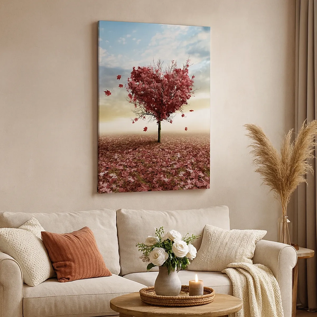 Cuadro sobre lienzo - Impresión de Imagen - Un árbol solitario en forma de corazón en un campo de hojas rojas. - 50x70cm - Amor de otoño - Decoración de pared moderna para salón y dormitorio ARTTOR
