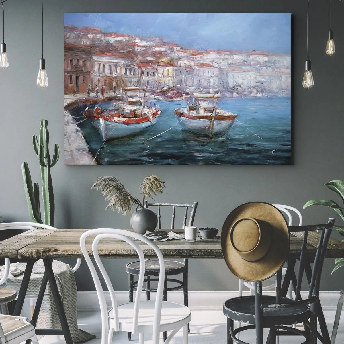 Cuadro sobre lienzo - Impresión de Imagen - Barcos en una pintoresca bahía italiana - 70x50cm - Bahía italiana - Decoración de pared moderna para salón y dormitorio ARTTOR