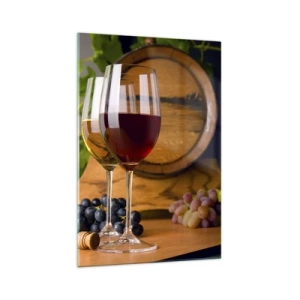 Cuadro sobre vidrio - Impresiones sobre Vidrio - Copas de vino con uvas, un barril y botellas sobre una mesa de madera - 70x100cm - Como los antiguos maestros - Decoración de pared moderna para salón y dormitorio ARTTOR