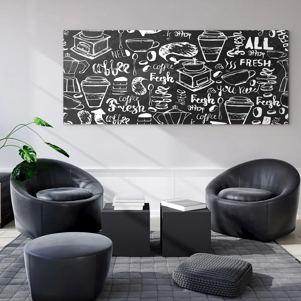 Cuadro sobre vidrio - Impresiones sobre Vidrio - Gráficos de café elegantes sobre un fondo negro. - 120x50cm - All you need is… - Decoración de pared moderna para salón y dormitorio ARTTOR