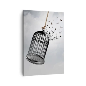 Cuadro sobre lienzo - Impresión de Imagen - Pájaros volando desde una jaula contra el cielo. - 70x100cm - Fe... Esperanza... ¡Libertad! - Decoración de pared moderna para salón y dormitorio ARTTOR