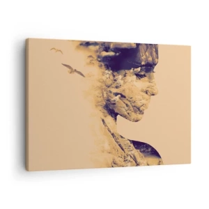 Cuadro sobre lienzo - Impresión de Imagen - Perfil de una mujer con la naturaleza al fondo en tonos cálidos - 70x50cm - Hermosa por naturaleza - Decoración de pared moderna para salón y dormitorio ARTTOR