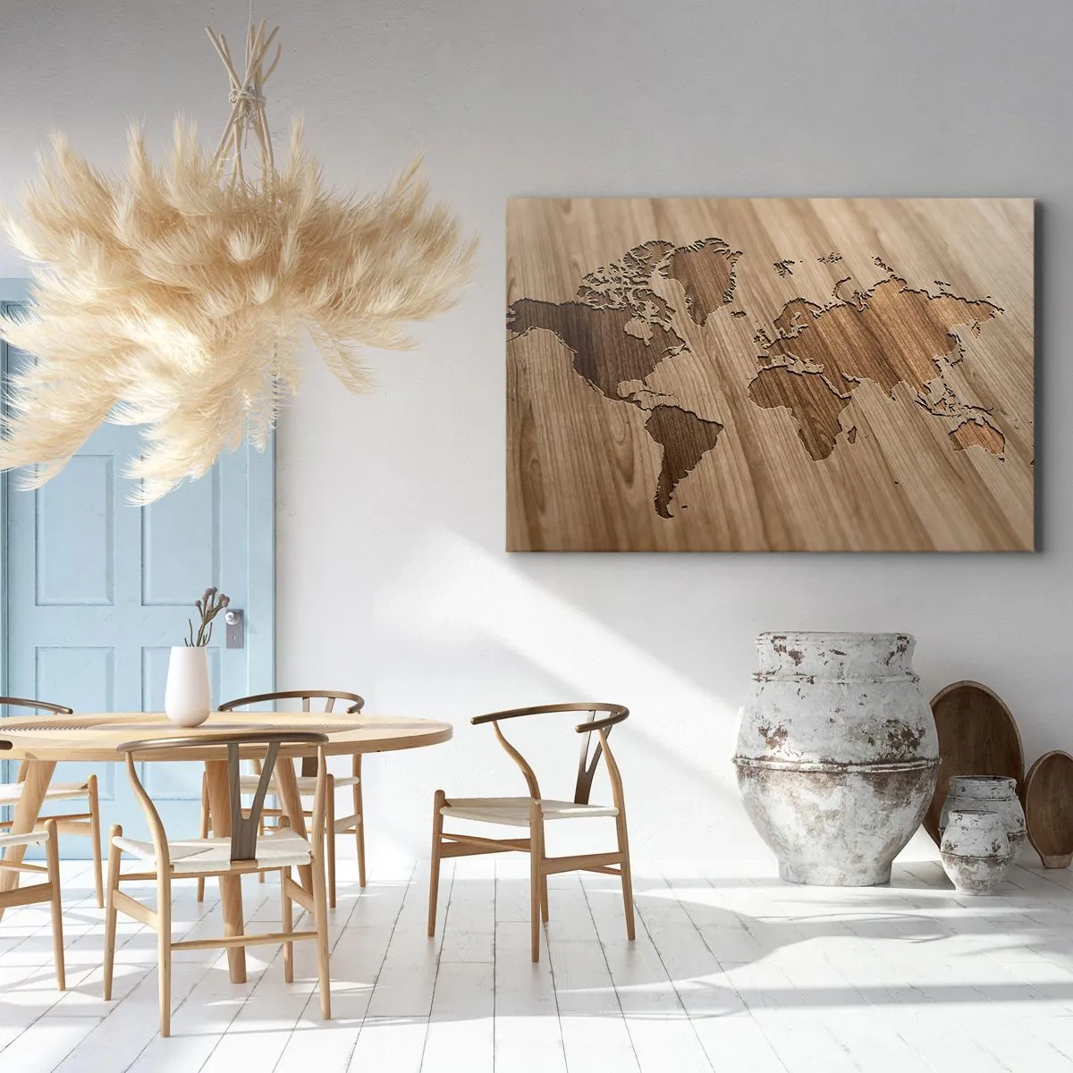 Cuadro sobre lienzo - Impresión de Imagen - Un mapa del mundo recortado sobre una superficie de madera. - 120x80cm - El mundo servido en la mesa - Decoración de pared moderna para salón y dormitorio ARTTOR