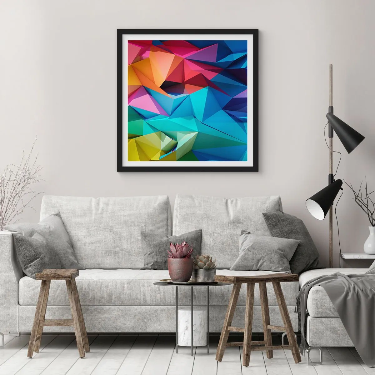 Póster en marco negro - Origami arco iris - 30x30 cm