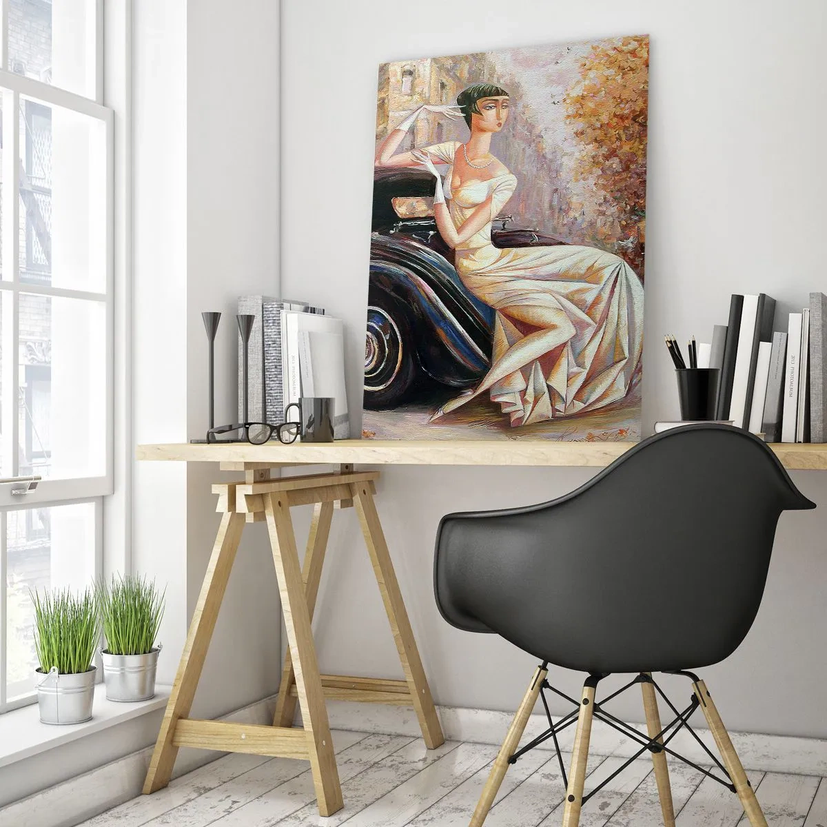 Cuadro sobre vidrio - Impresiones sobre Vidrio - Mujer elegante junto a un coche retro en un entorno urbano - 50x70cm - Elegancia retro - Decoración de pared moderna para salón y dormitorio ARTTOR