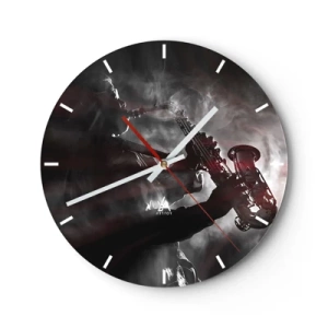 Reloj de pared - Reloj de vidrio - Saxofonista en el humo en estilo blanco y negro - 30x30cm - En el vapor del jazz - Decoración de pared moderna para salón, cocina y dormitorio ARTTOR