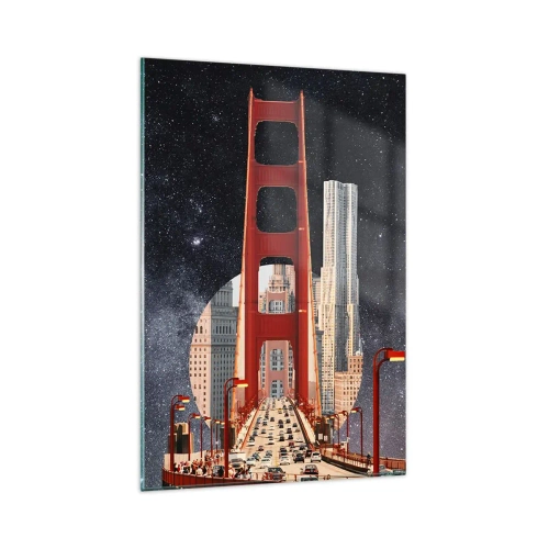 Cuadro sobre vidrio - Impresiones sobre Vidrio - El puente Golden Gate con la ciudad al fondo contra un cielo estrellado - 80x120cm - Siempre en el centro - Decoración de pared moderna para salón y dormitorio ARTTOR