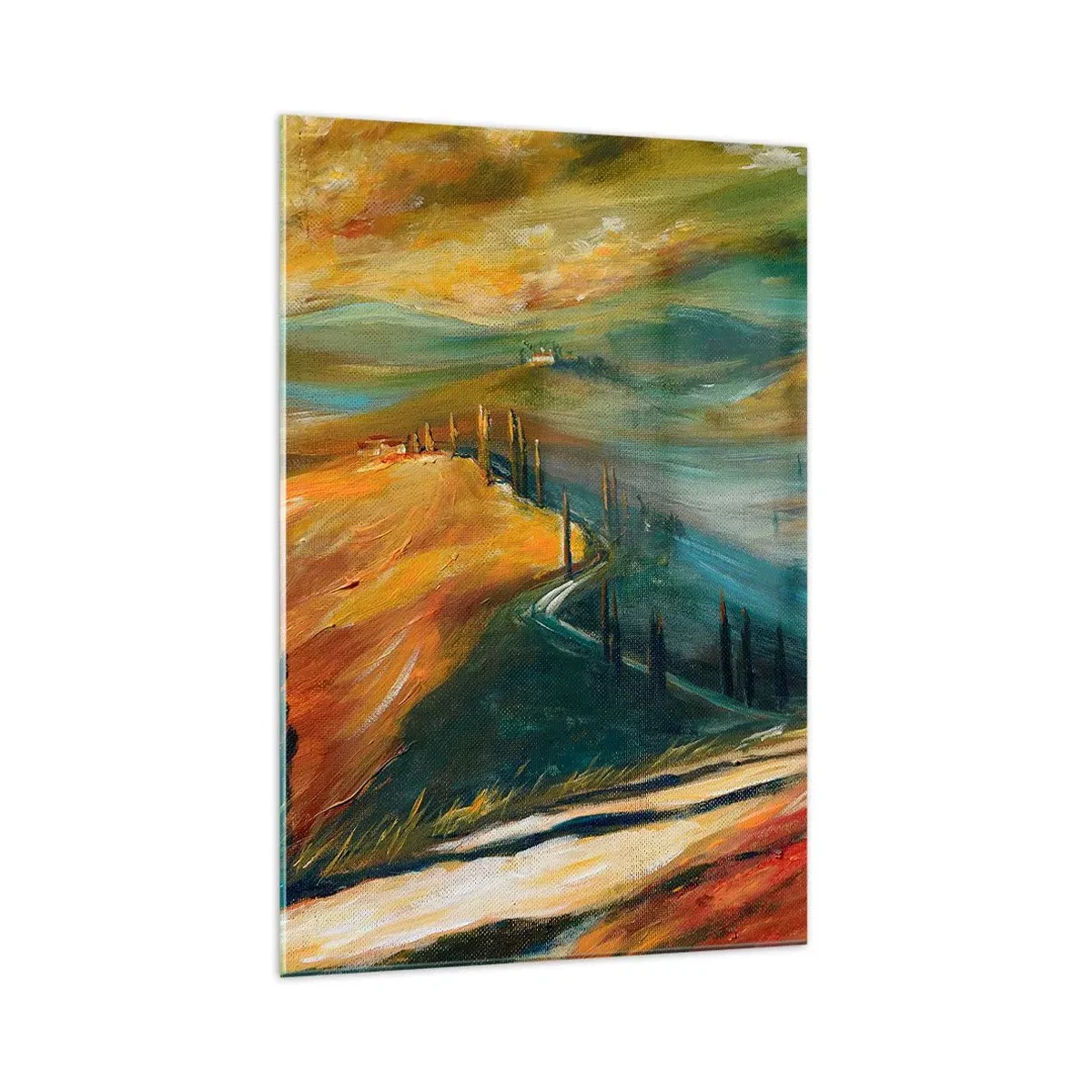 Cuadro sobre vidrio - Impresiones sobre Vidrio - Paisaje toscano con campos, camino y cipreses. - 70x100cm - Paisaje toscano - Decoración de pared moderna para salón y dormitorio ARTTOR
