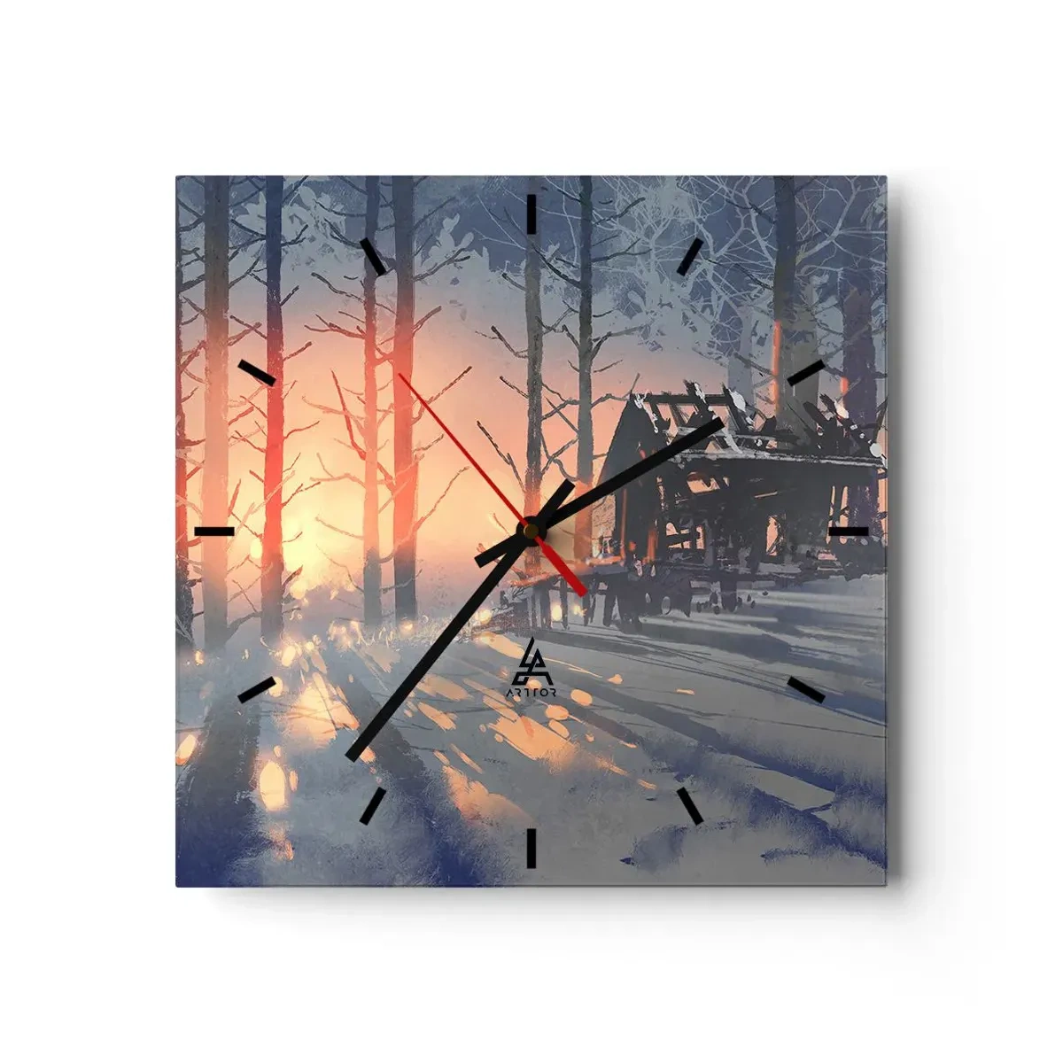 Reloj de pared - Reloj de vidrio - Una cabaña forestal en un paisaje invernal con los rayos del sol poniente. - 30x30cm - Solo el sol es testigo - Decoración de pared moderna para salón y dormitorio ARTTOR