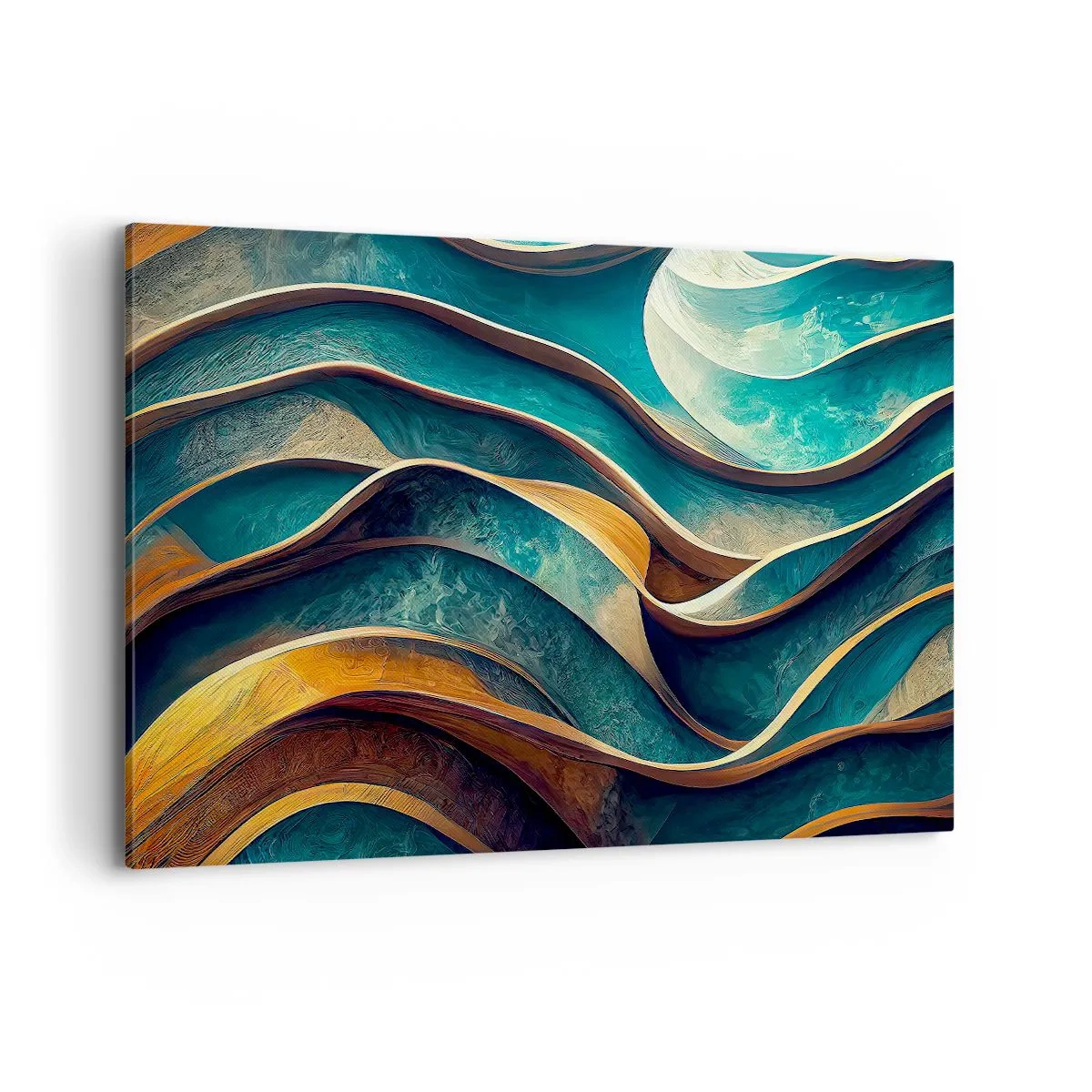 Cuadro sobre lienzo - Impresión de Imagen - Ondas abstractas en tonos turquesa y dorado - 120x80cm - Meandros de azul - Decoración de pared moderna para salón y dormitorio ARTTOR