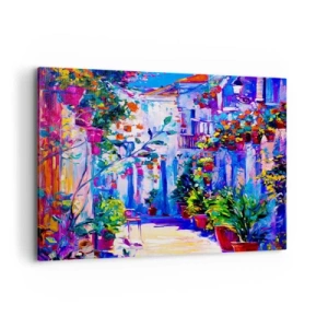 Cuadro sobre lienzo - Impresión de Imagen - Una calle colorida y llena de flores. - 120x80cm - Impresión - una calle italiana - Decoración de pared moderna para salón y dormitorio ARTTOR