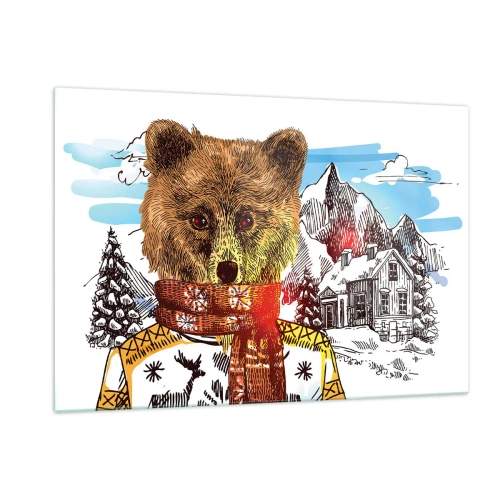 Cuadro sobre vidrio - Impresiones sobre Vidrio - Un oso con un suéter y una bufanda con montañas y una casa al fondo. - 120x80cm - Así paso yo el invierno - Decoración de pared moderna para salón y dormitorio ARTTOR