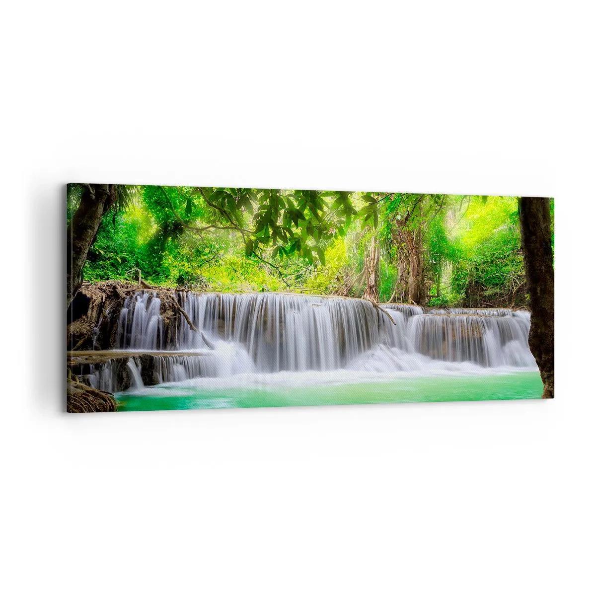 Cuadro sobre lienzo - Impresión de Imagen - Una cascada verde rodeada de densa vegetación tropical. - 120x50cm - Cascada en verde - Decoración de pared moderna para salón y dormitorio ARTTOR