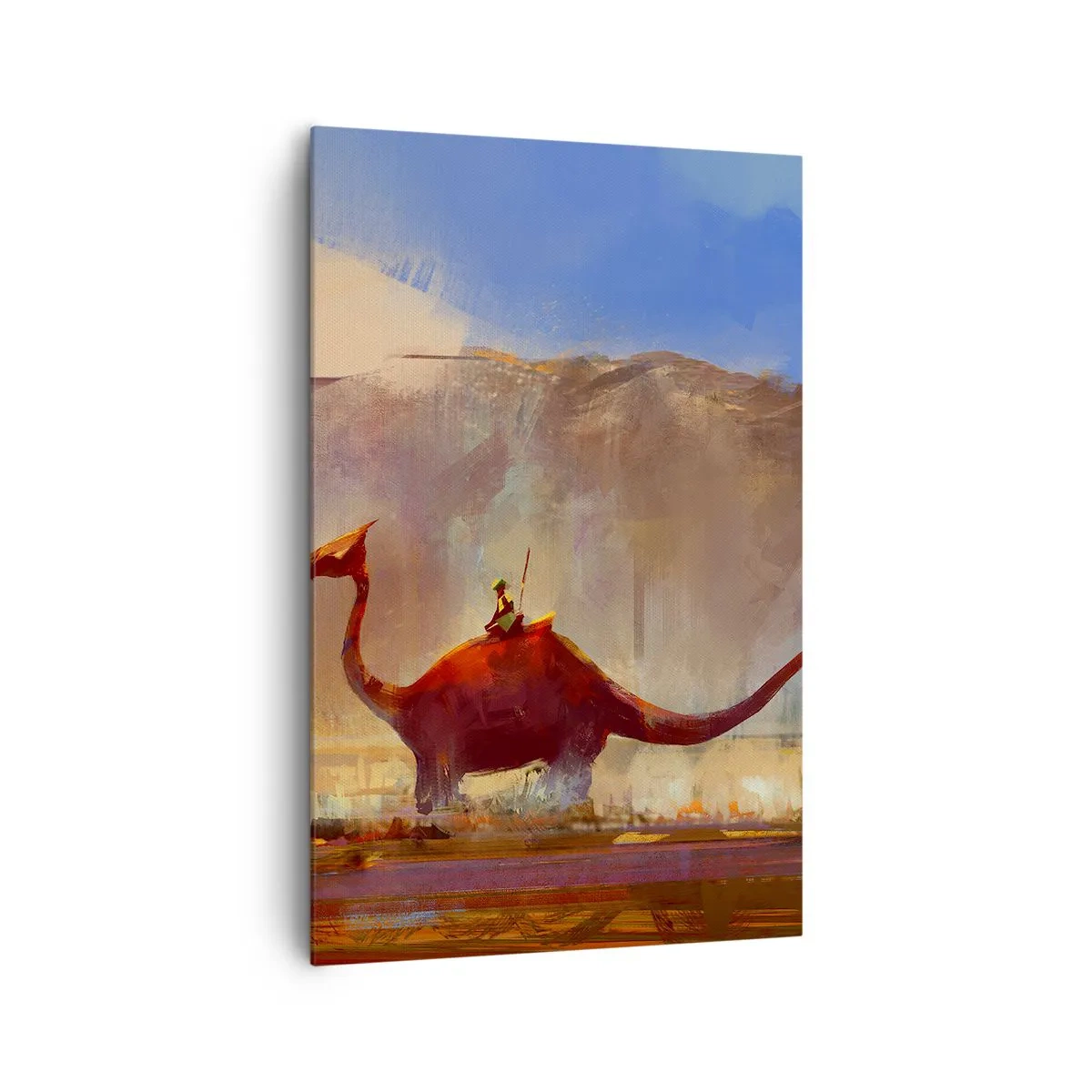 Cuadro sobre lienzo - Impresión de Imagen - Una escena de fantasía con un jinete sobre una criatura prehistórica. - 80x120cm - Si no se hubieran extinguido - Decoración de pared moderna para salón y dormitorio ARTTOR
