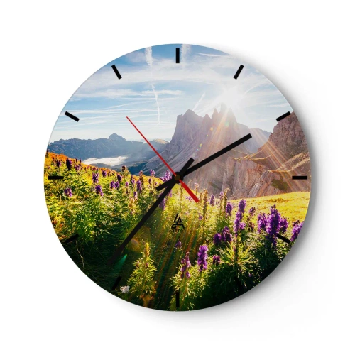 Reloj de pared - Reloj de vidrio - Un campo de flores en un paisaje montañoso iluminado por el sol. - 30x30cm - La vida secreta de las hierbas - Decoración de pared moderna para salón, cocina y dormitorio ARTTOR