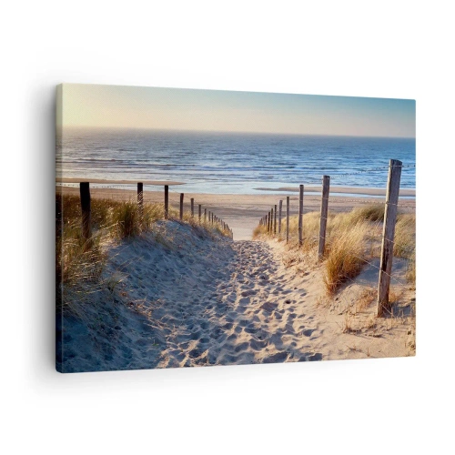 Cuadro sobre lienzo - Impresión de Imagen - Camino a través de las dunas que conduce a la playa. - 70x50cm - El sonido del mar, el canto de los pájaros, una playa virgen entre las dunas... - Decoración de pared moderna para salón y dormitorio ARTTOR