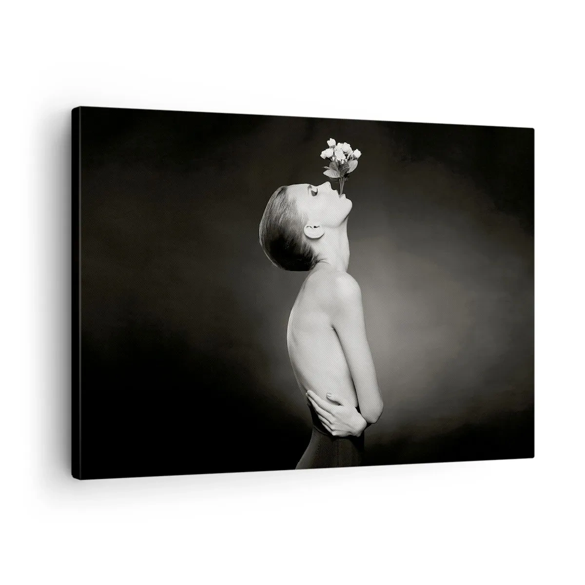 Cuadro sobre lienzo - Impresión de Imagen - Silueta en blanco y negro de una mujer con una flor. - 70x50cm - Elegancia excéntrica - Decoración de pared moderna para salón y dormitorio ARTTOR