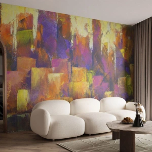Fotomural Premium Sand - Una ciudad abstracta en tonos morados, naranjas y dorados. - 100x70cm - Composición metropolitana - Decoración de pared moderna para salón y dormitorio ARTTOR