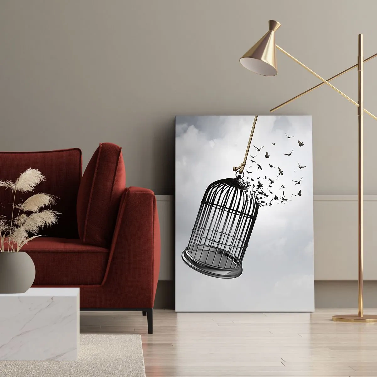 Cuadro sobre lienzo - Impresión de Imagen - Pájaros volando desde una jaula contra el cielo. - 50x70cm - Fe... Esperanza... ¡Libertad! - Decoración de pared moderna para salón y dormitorio ARTTOR