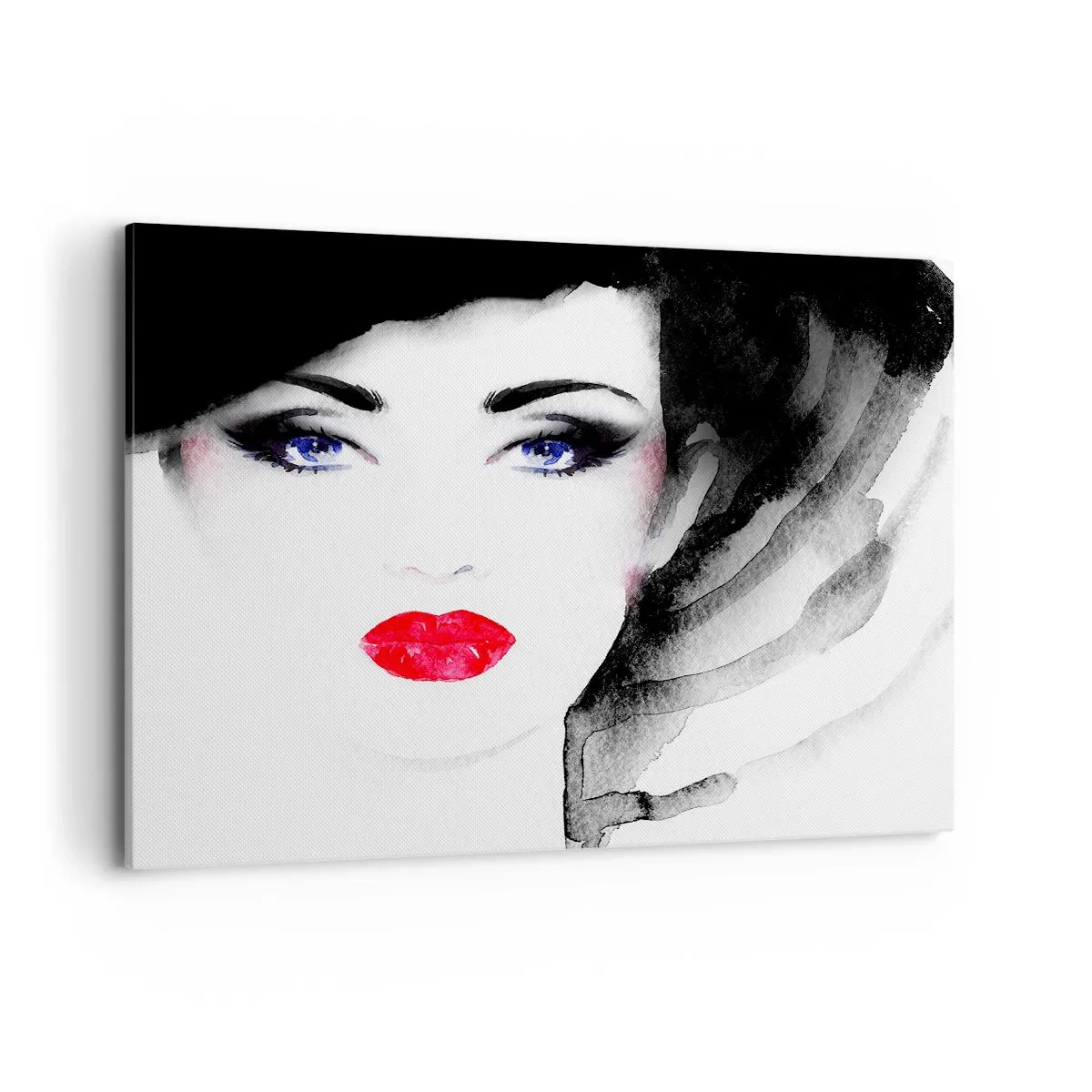 Cuadro sobre lienzo - Impresión de Imagen - Retrato de una mujer con labios rojos y ojos azules intensos. - 100x70cm - Lenguaje no verbal - Decoración de pared moderna para salón y dormitorio ARTTOR