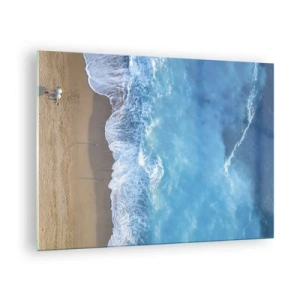 Cuadro sobre vidrio - Impresiones sobre Vidrio - Vista aérea de la playa y olas rompiendo. - 70x50cm - El poder del azul - Decoración de pared moderna para salón y dormitorio ARTTOR