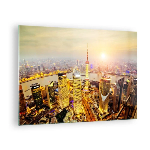 Cuadro sobre vidrio - Impresiones sobre Vidrio - Panorama de la ciudad al atardecer con rascacielos. - 70x50cm - Sueño asiático - Decoración de pared moderna para salón y dormitorio ARTTOR