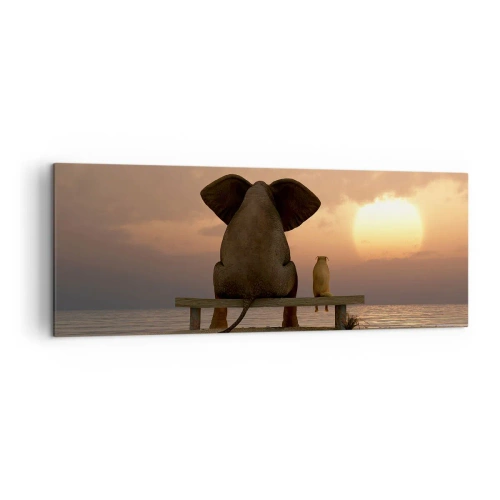Cuadro sobre lienzo - Impresión de Imagen - Un elefante y un perro están sentados en un banco en la playa durante el atardecer. - 140x50cm - Es bueno estar en silencio juntos - Decoración de pared moderna para salón y dormitorio ARTTOR