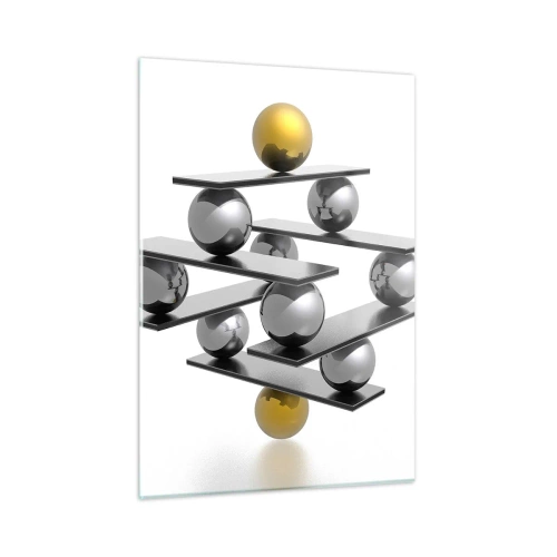 Cuadro sobre vidrio - Impresiones sobre Vidrio - Composición geométrica con bolas y plataformas sobre fondo blanco. - 50x70cm - Balance de oro y plata - Decoración de pared moderna para salón y dormitorio ARTTOR