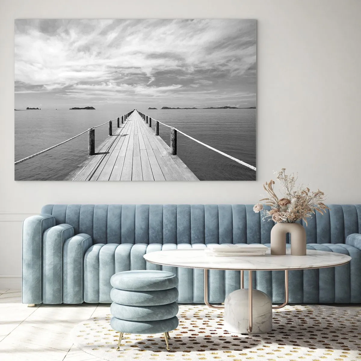 Cuadro sobre vidrio - Impresiones sobre Vidrio - Un muelle de madera que se pierde en la distancia a través de un mar en calma. - 70x50cm - Hora de viajar - Decoración de pared moderna para salón y dormitorio ARTTOR