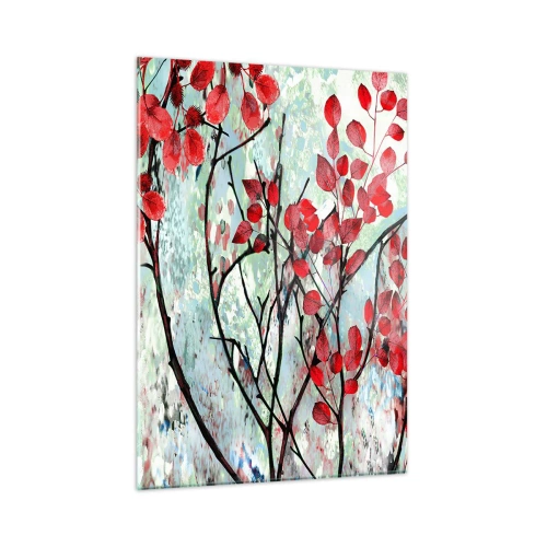 Cuadro sobre vidrio - Impresiones sobre Vidrio - Ramas con hojas rojas sobre un fondo pintado. - 50x70cm - Un árbol en escarlata - Decoración de pared moderna para salón y dormitorio ARTTOR