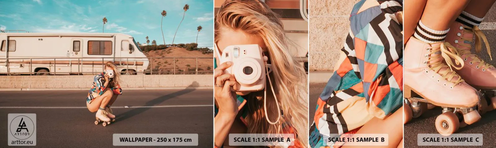 Muestra de fotomural autoadhesivo Deluxe Sticker - ¡Sonrían, por favor! - Paisaje, Camper, Mujer - 100x30 cm